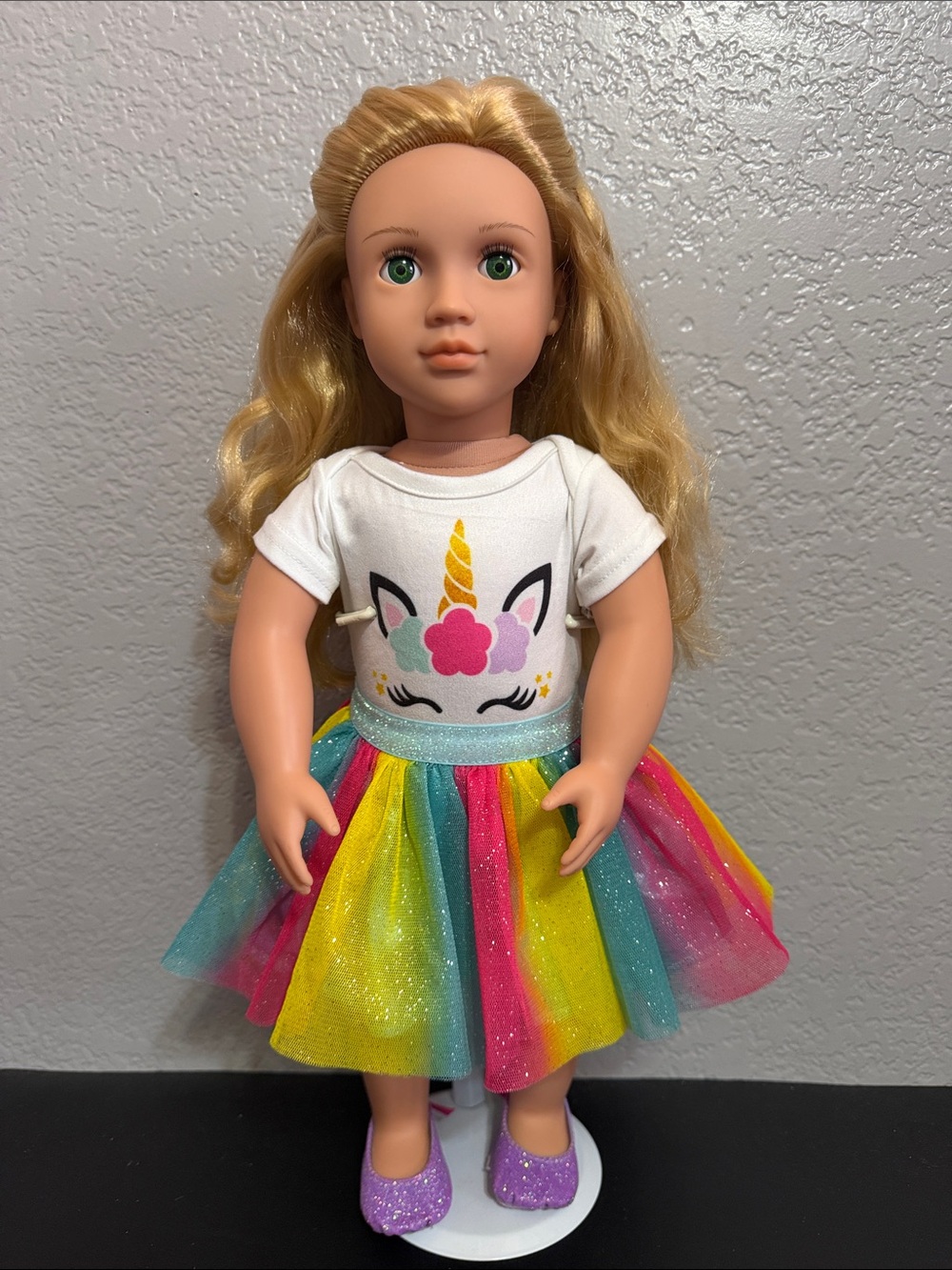 Our Generation 18” Blonde Doll with Green Eyes in Unicorn Glittery Outfit